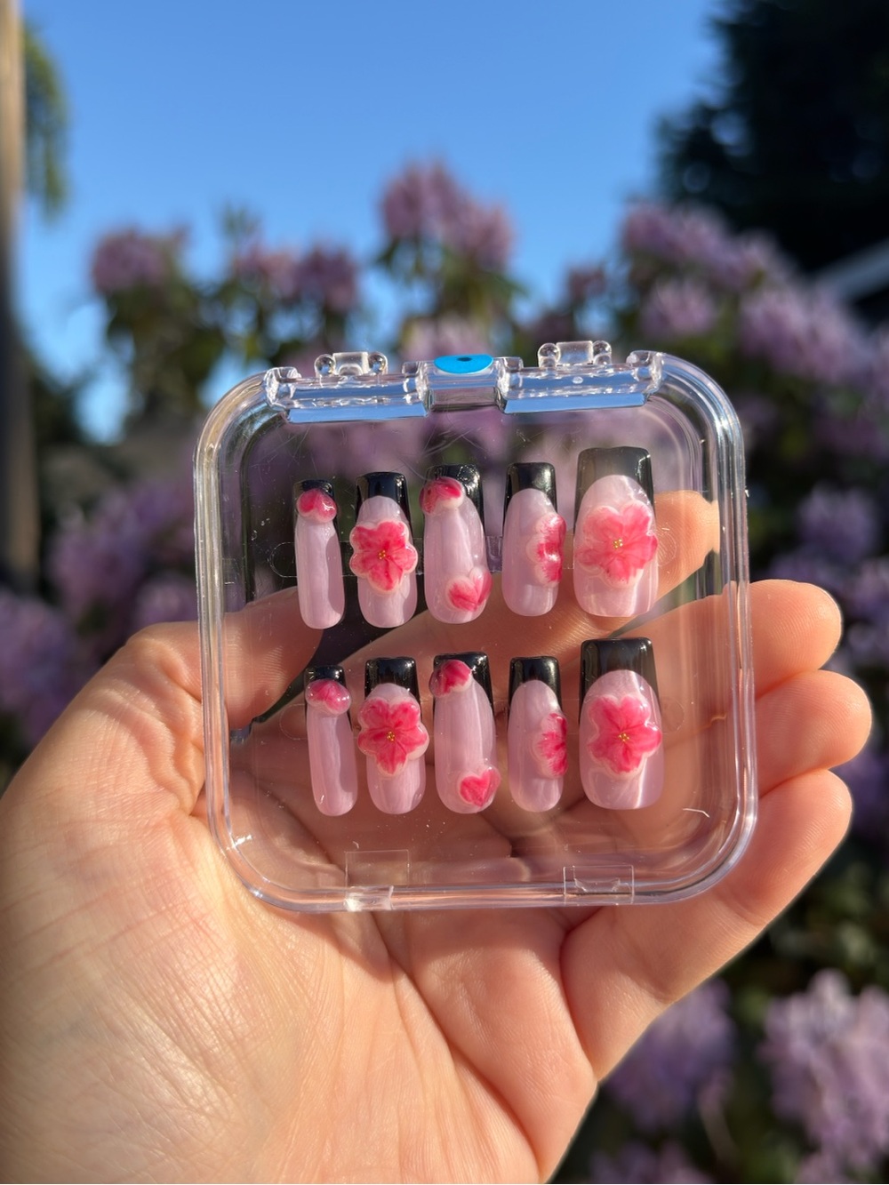 Size XS Black Pink Floral Acrylic Press-On Handmade Nails Set